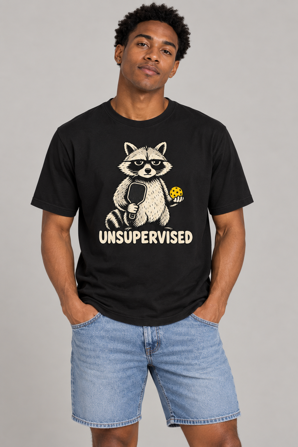 Model wearing Unsupervised Pickleball Raccoon T-Shirt